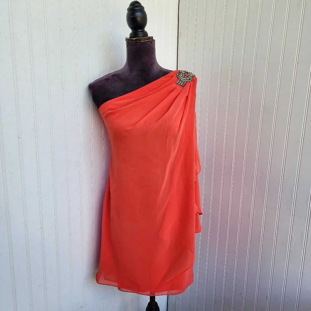 Cache Dresses | Cache Womens One Shoulder Flowy Dress Orange Ruffle Jewel Sz 0 | Color: Orange | Size: 0 | Vdfquality's Closet